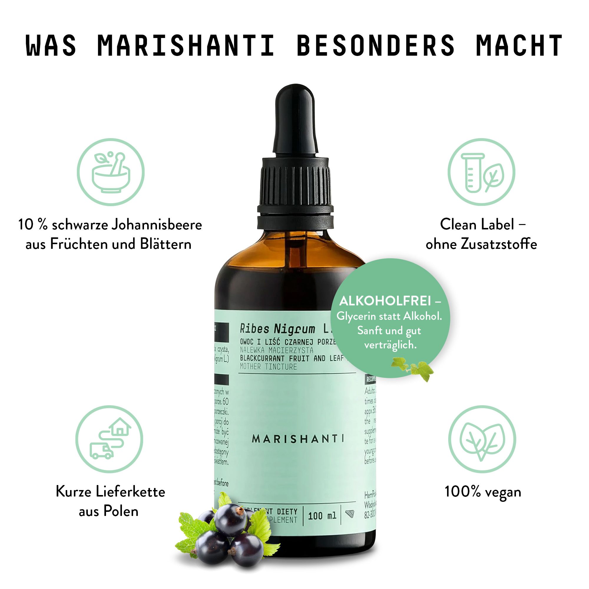 Braune Flasche mit Tropfer. Marishanti Schwarze Johannisbeere Extrakt. Text: 10% Johannisbeere, alkoholfrei, vegan.