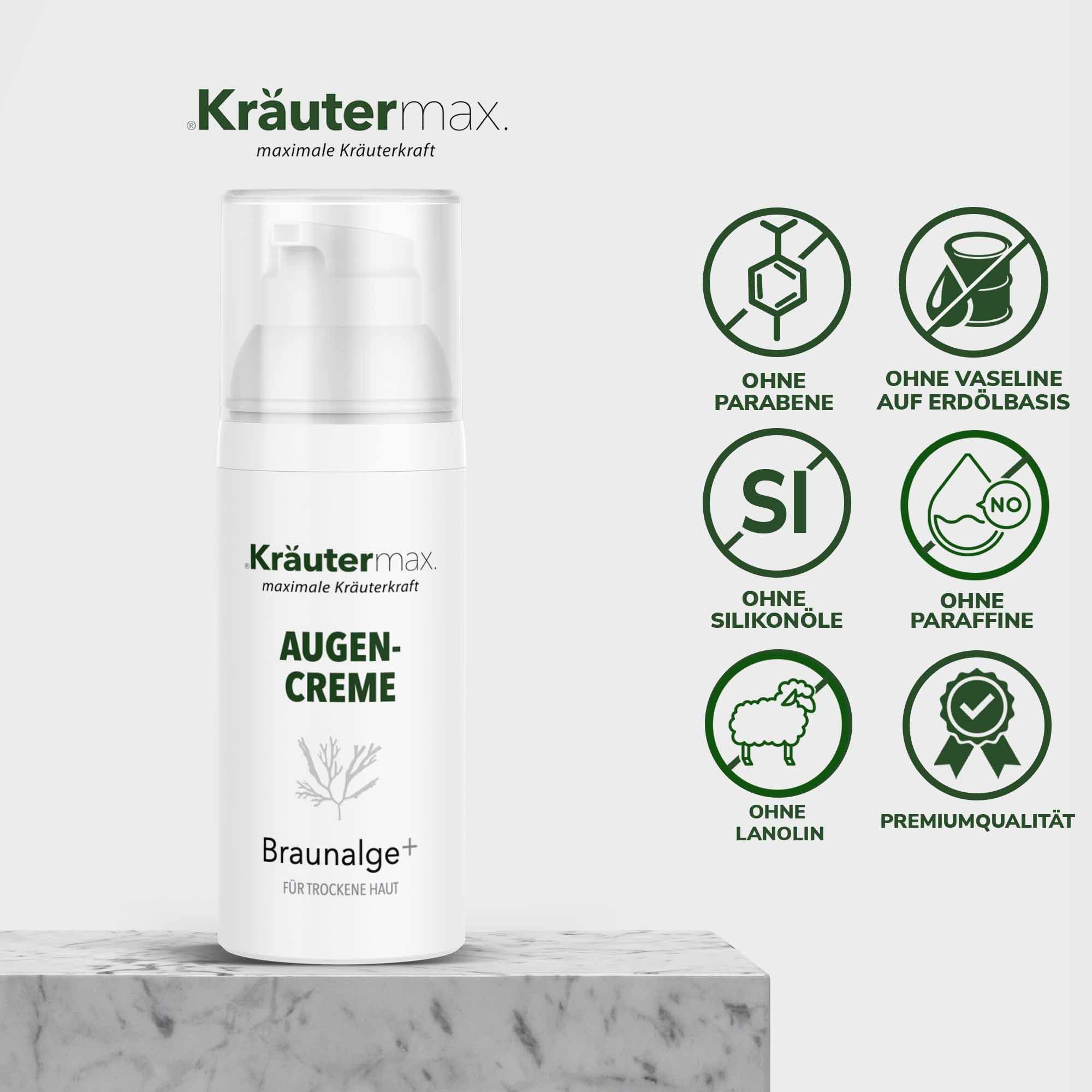 Weiße Augencreme-Flasche mit Pumpkopf. Text: Kräutermax, Augen-Creme, Braunalge+. Ohne Parabene, Silikone, Vaseline, Paraffine, Lanolin.