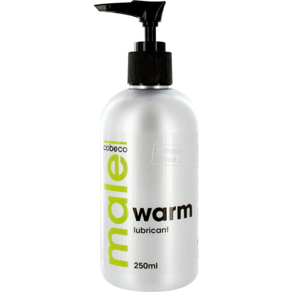 Silberne Flasche mit schwarzem Pumpkopf. Aufschrift: male warm lubricant, 250ml. Marke: Cobeco.