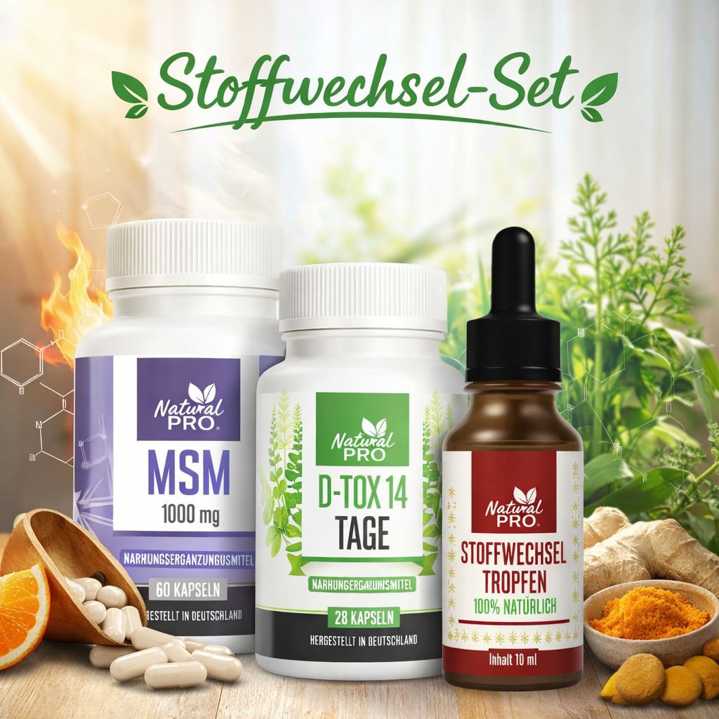 Drei Flaschen und eine Tropfflasche. Aufschrift: Stoffwechsel-Set, MSM, D-Tox 14 Tage, Stoffwechsel Tropfen. Mit Orange und Ingwer.