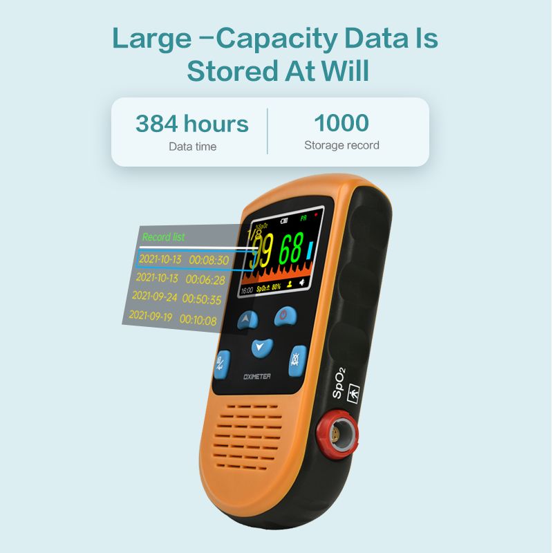 Orange und schwarzes Oximeter mit Farbdisplay, das SpO2- und Pulsdaten anzeigt. Speichert 384 Stunden Daten.