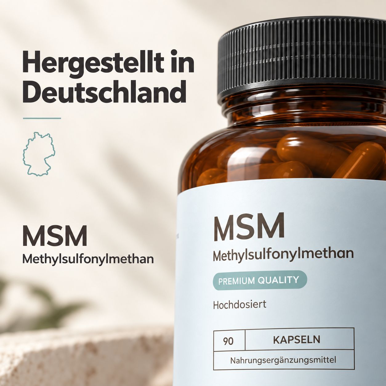 Braune Glasflasche mit MSM Methylsulfonylmethan Kapseln, 90 Stück.