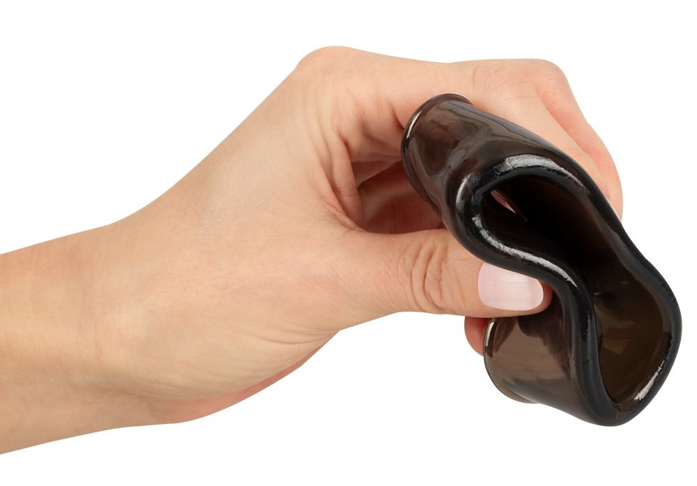 Hand hält eine dunkelgraue Ersatzmanschette. Flexibles, transparentes Material. Zylindrische Form.