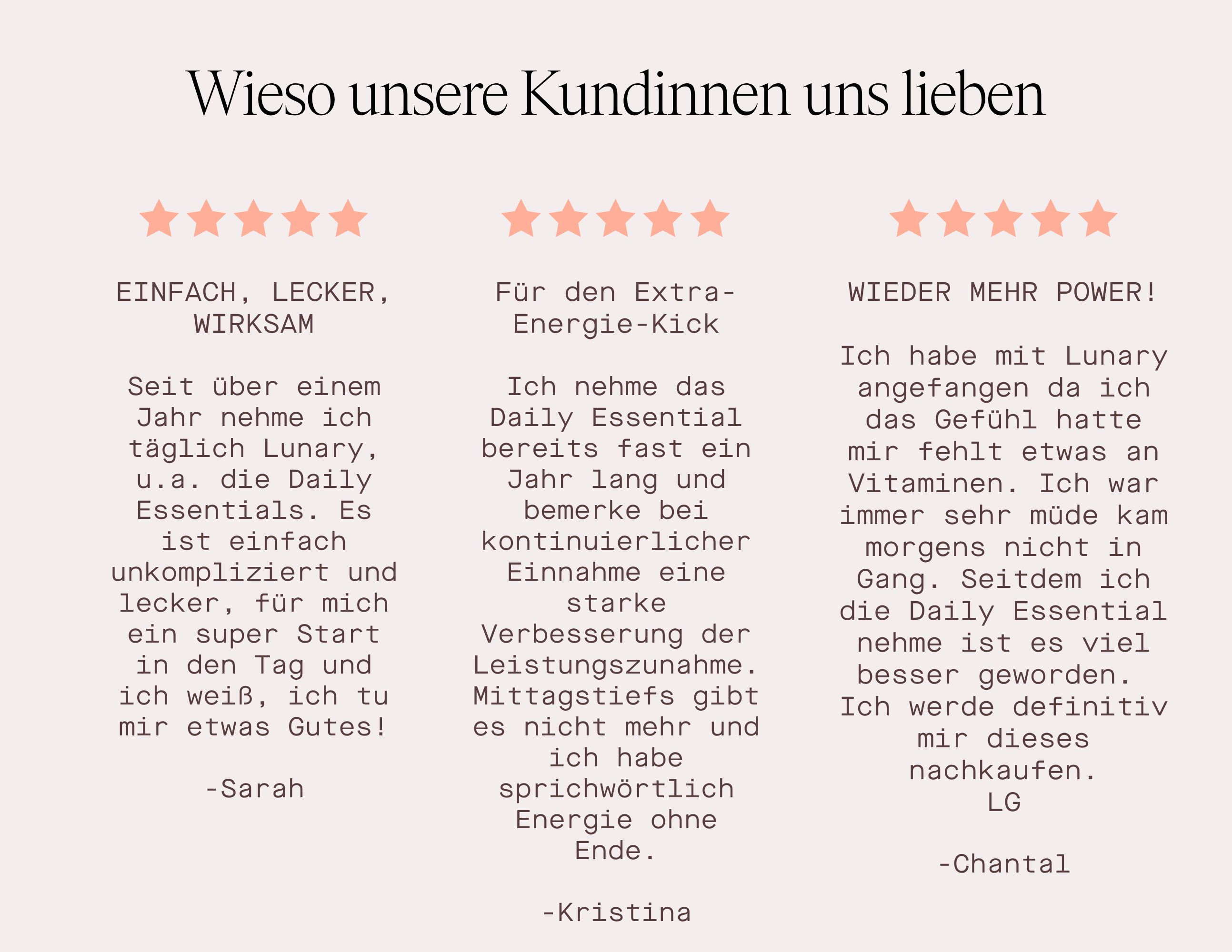 Text: Kundenbewertungen. Sterne-Bewertungen und Zitate von Kunden.