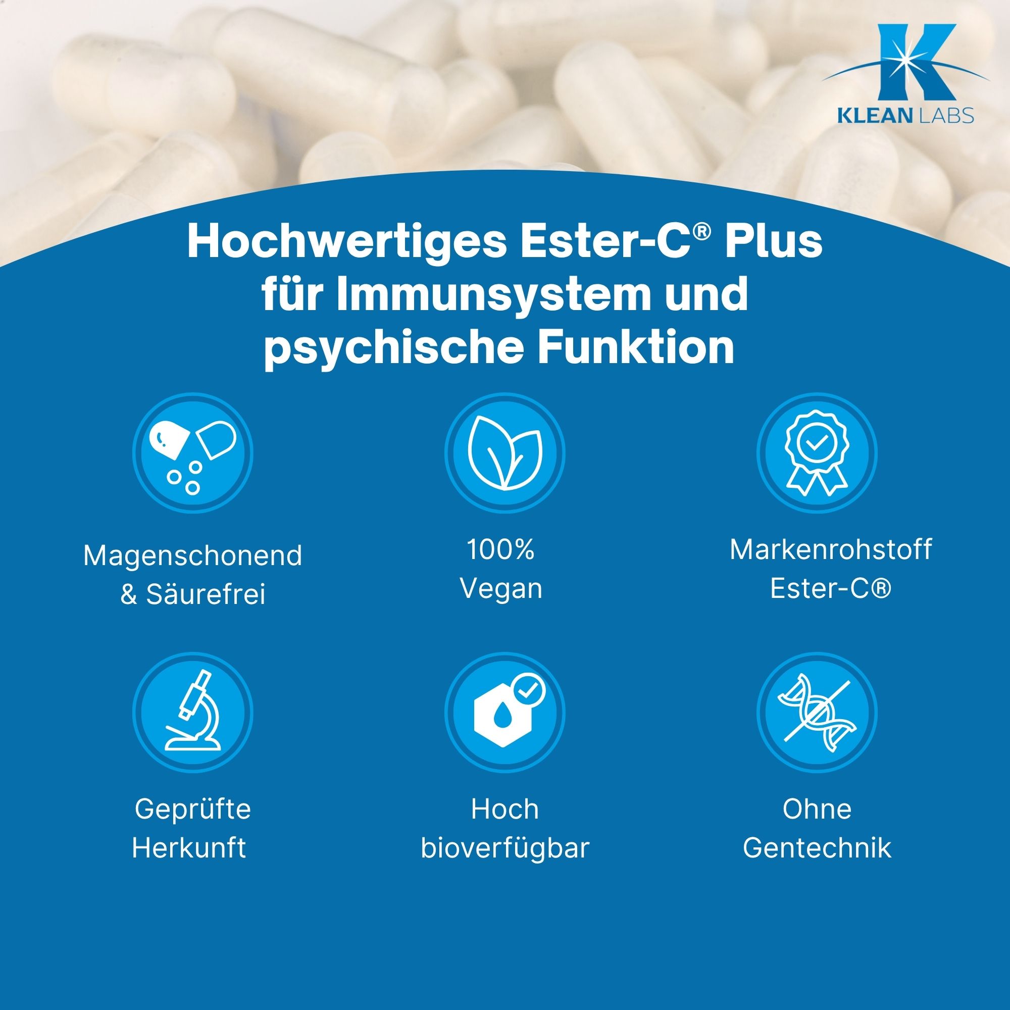 Infografik: Hochwertiges Ester-C Plus. Vorteile: magenschonend, vegan, Ester-C Rohstoff, geprüft, bioverfügbar, ohne Gentechnik.