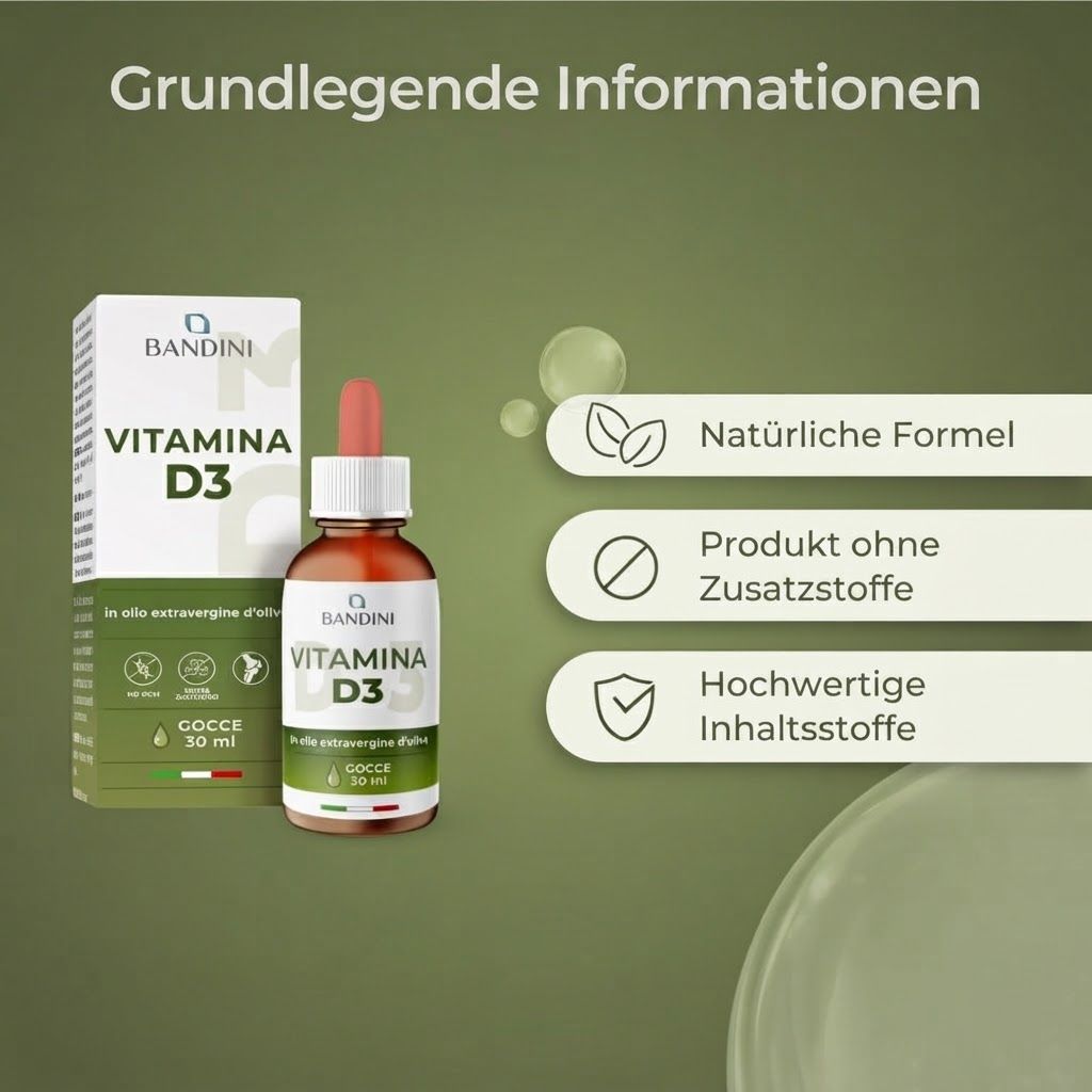 Bandini Vitamina D3 Tropfen, 30 ml. Ohne Gentechnik, ohne Zucker.