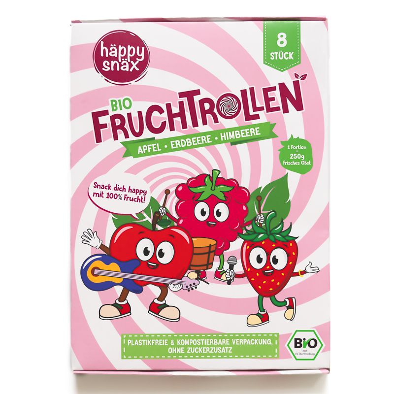 Verpackung von BIO Fruchtrollen. Rosa-weißes Design mit Illustrationen von Früchten. Enthält 8 Rollen.
