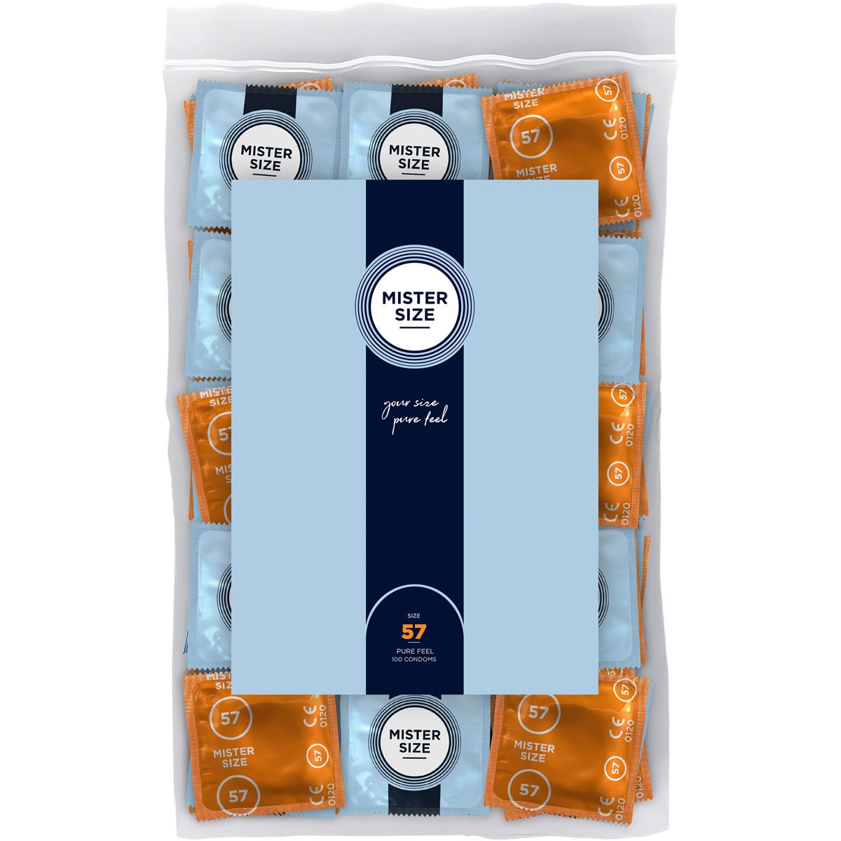 Verpackung mit Kondomen. Blaue und orangefarbene Einzelverpackungen. Aufdruck: Mister Size, 57.