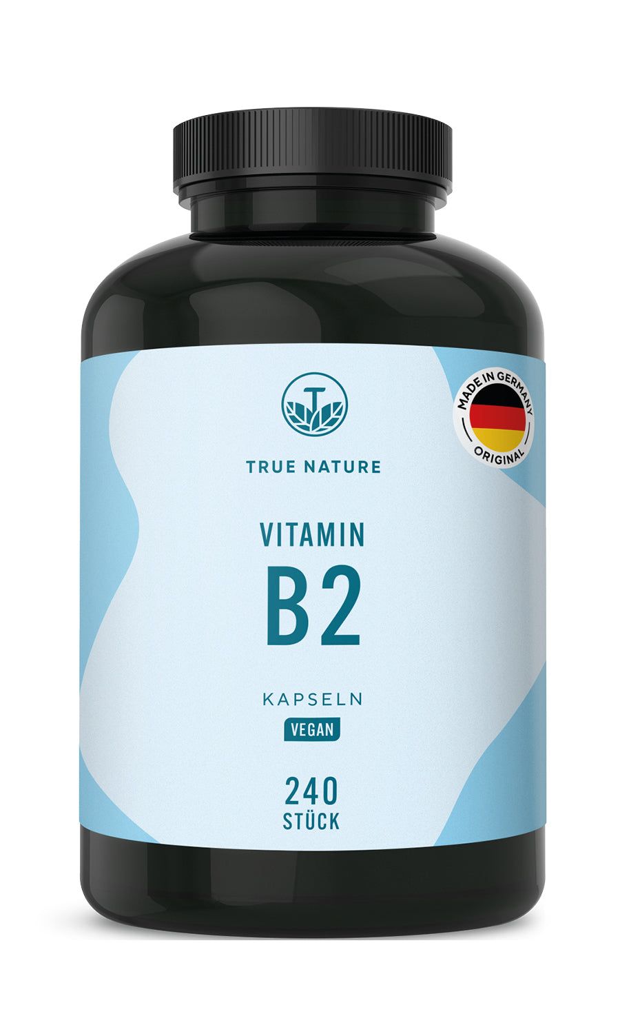Schwarze Flasche mit Vitamin B2 Kapseln. Aufschrift: TRUE NATURE, Vitamin B2 Kapseln, 240 Stück, vegan. Siegel: Made in Germany.