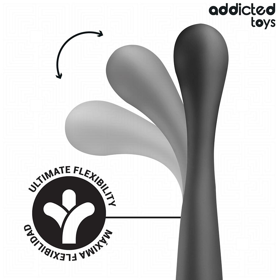 Schwarz-graue Abbildung eines Analstimulators. Text: „ULTIMATE FLEXIBILITY“ und „MAXIMA FLEXIBILIDAD“. Pfeile zeigen Flexibilität.