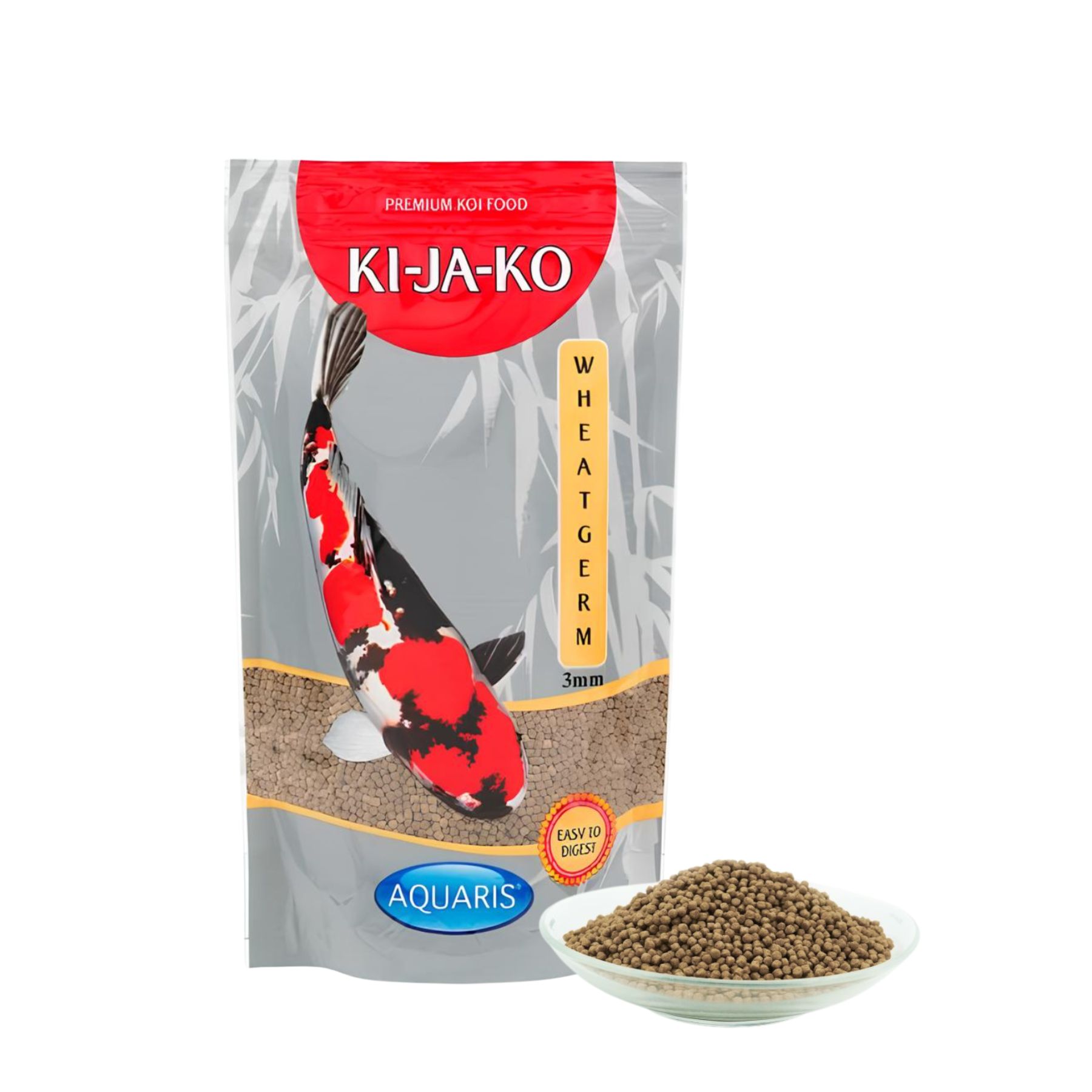 Verpackung von KI-JA-KO Koifischfutter, Weizenkeim, 3mm. Abbildung eines Koi-Fisches.