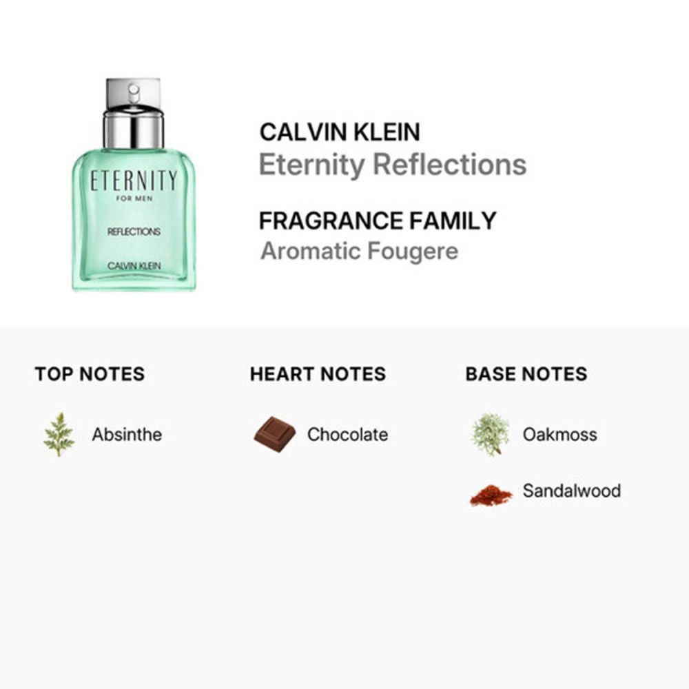 Produktinformationen: Calvin Klein Eternity Reflections. Duftfamilie: Aromatisch Fougere. Noten: Absinth, Schokolade, Eichenmoos, Sandelholz.