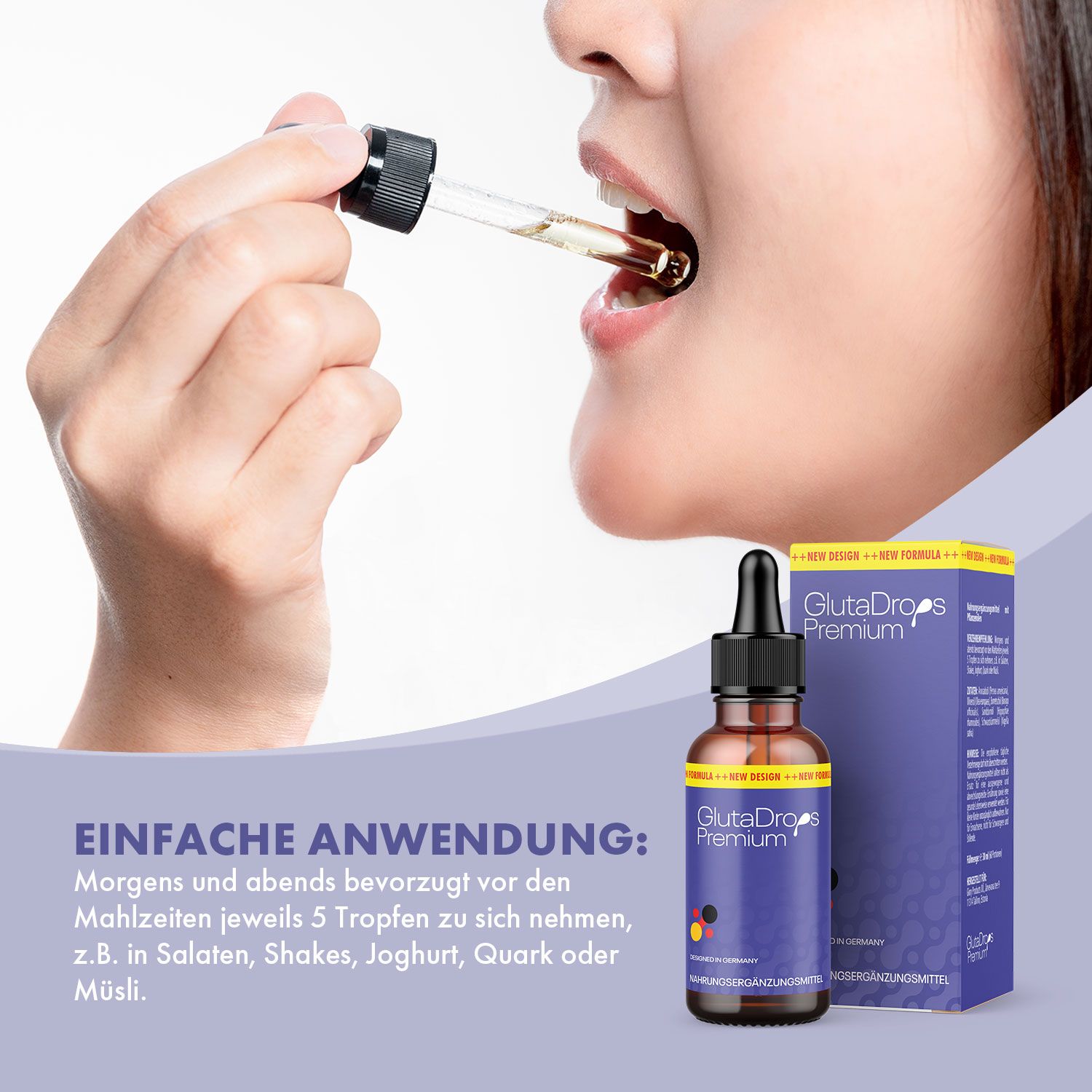 Person nimmt Tropfen aus einer Flasche mit Pipette in den Mund. Daneben eine Flasche GlutaDrops Premium und eine lila Schachtel.