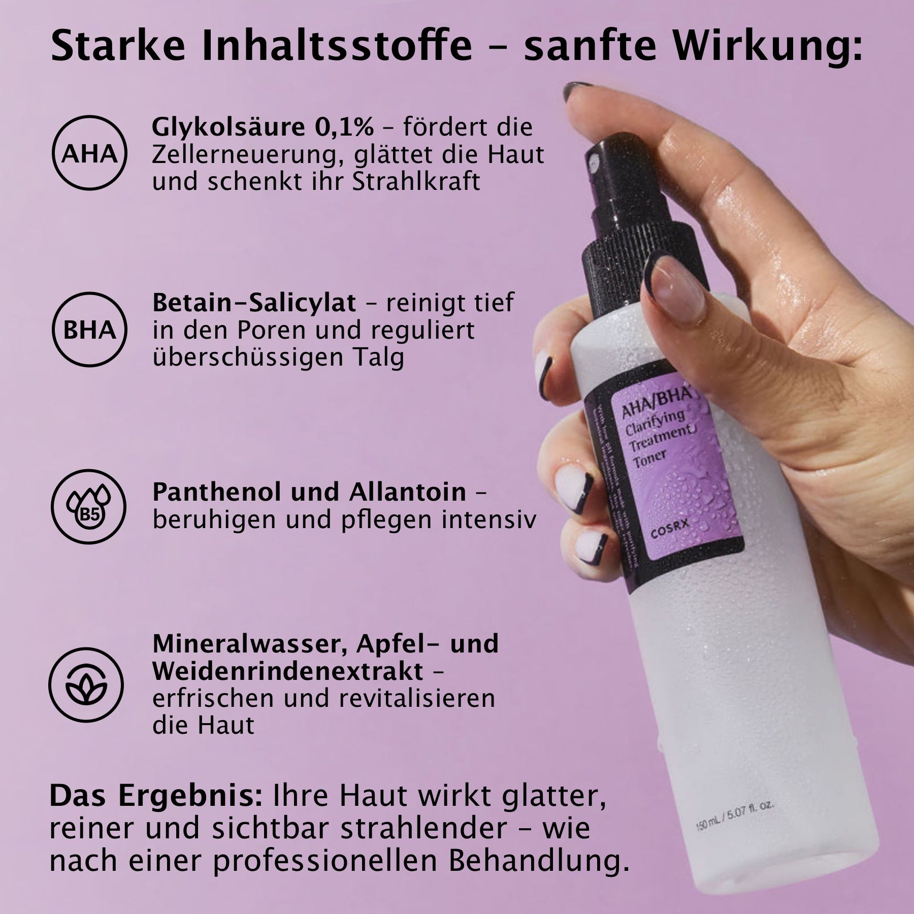 Weiße Sprühflasche mit schwarzem Deckel. Etikett: AHA/BHA Clarifying Treatment Toner, COSRX. Hand hält Flasche.