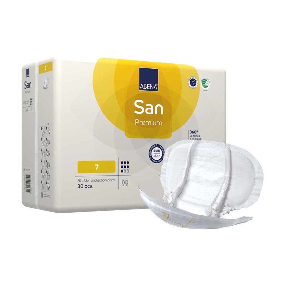 Packung ABENA San Premium Vorlagen und ein einzelnes Produkt. Aufdrucke: ABENA San, Premium, Größe 7, 30 Stück. Einzelnes Produkt sichtbar.