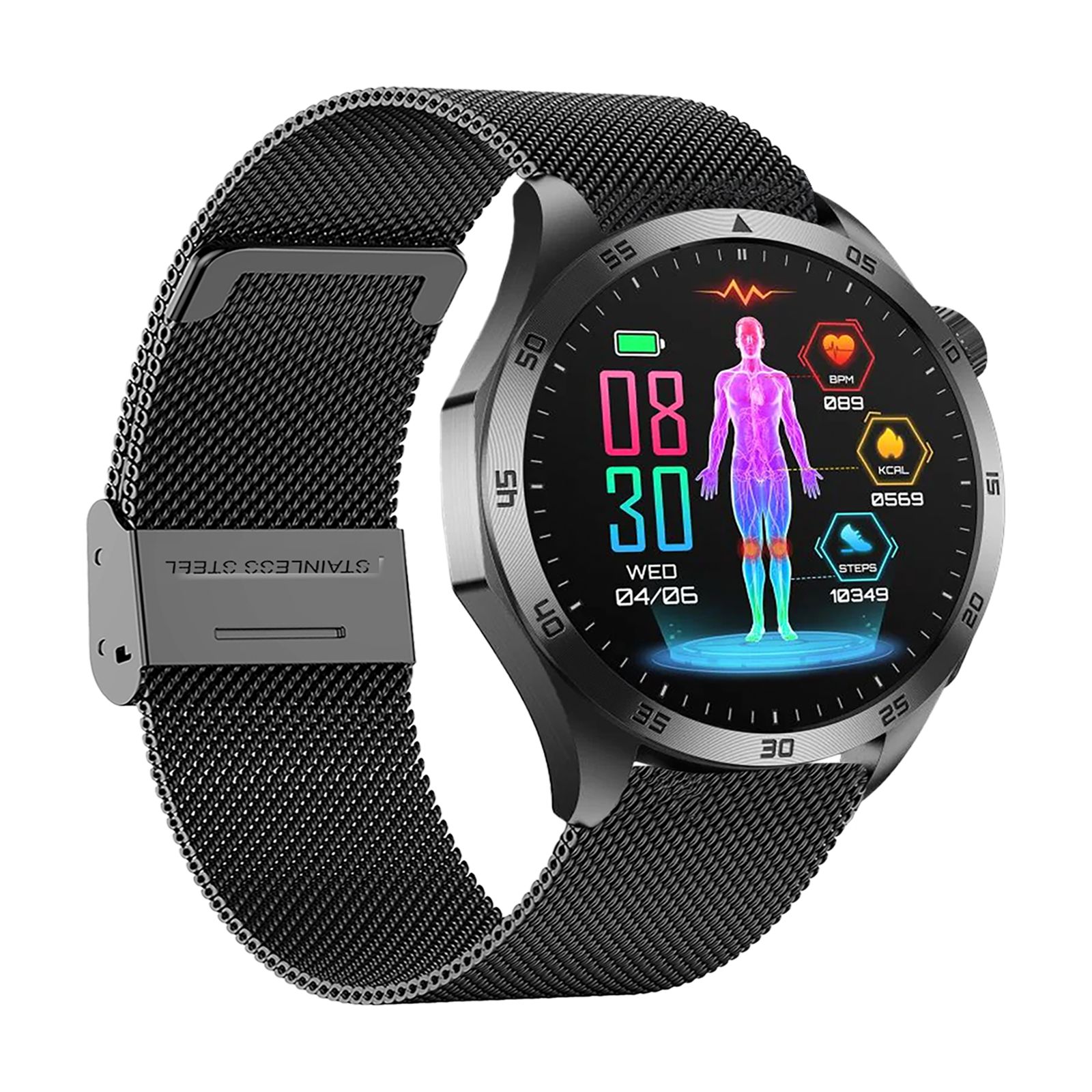 Schwarze Smartwatch mit Mesh-Armband. Zeigt Uhrzeit und eine menschliche Körpergrafik mit Gesundheitsdaten an.