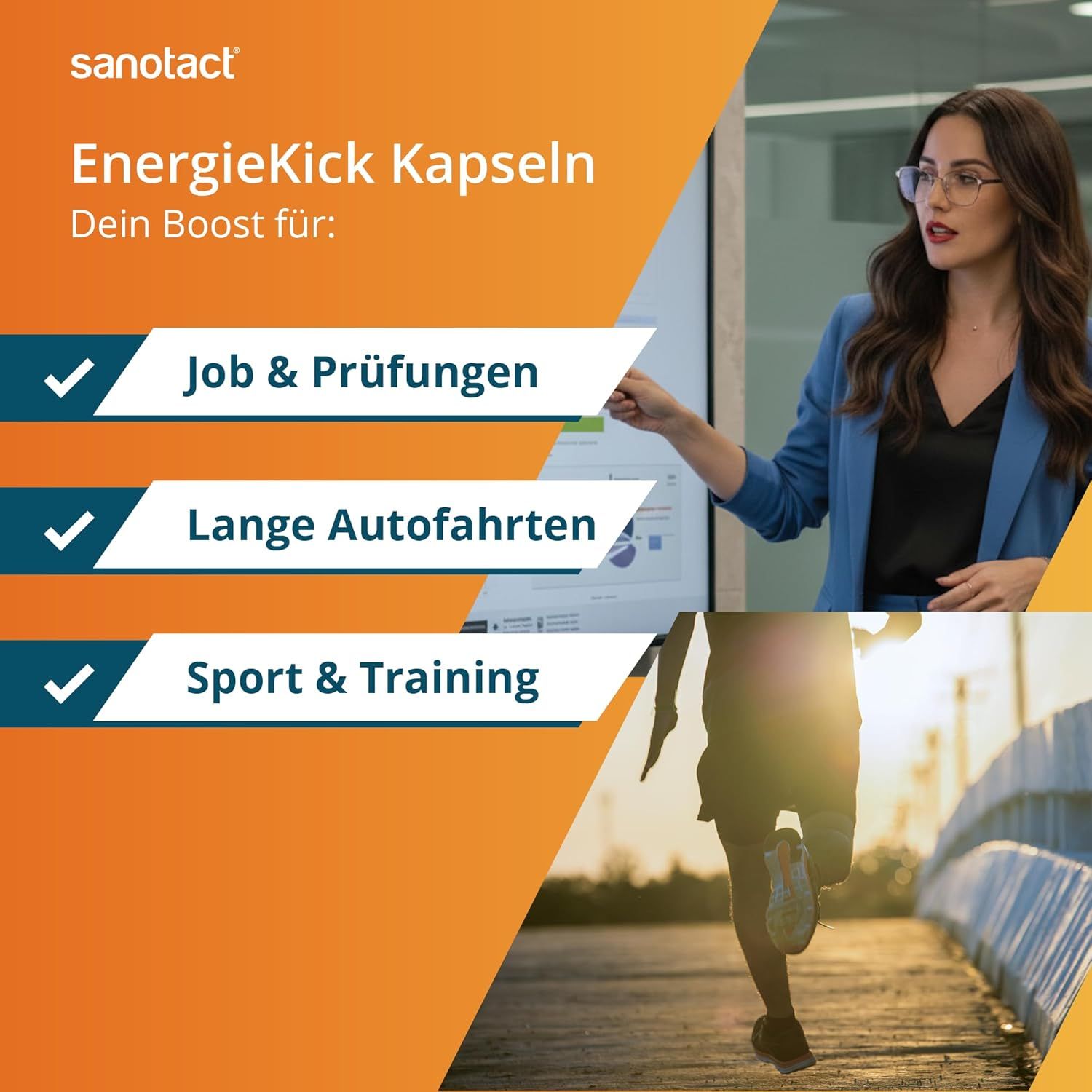 Werbung für sanotact EnergieKick Kapseln. Text: Job & Prüfungen, Lange Autofahrten, Sport & Training. Frau mit Brille, Läufer.