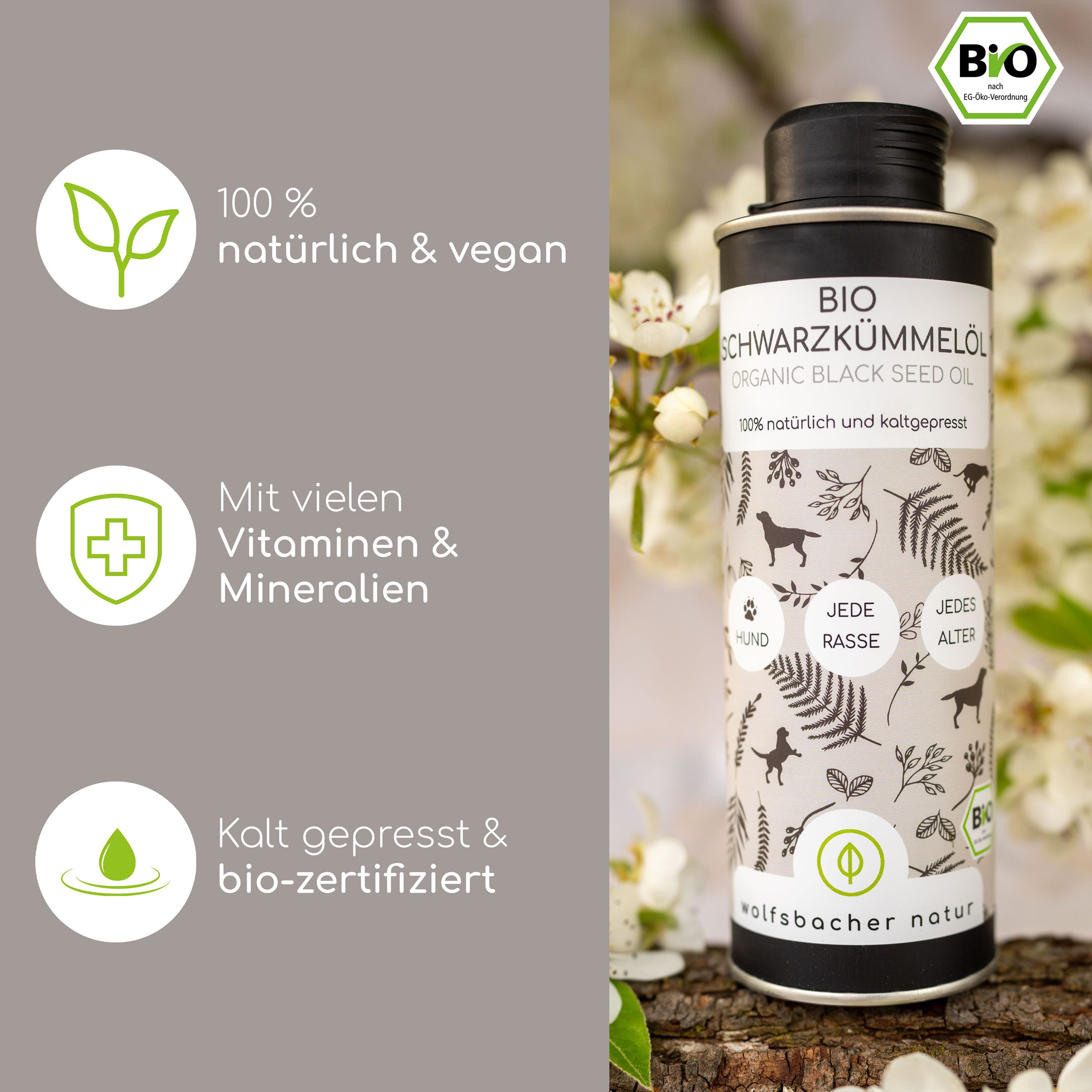 Flasche mit schwarzem Deckel. Grafiken: 100% natürlich & vegan, Vitamine & Mineralien, kalt gepresst & bio-zertifiziert. Produkt: BIO Schwarzkümmelöl.