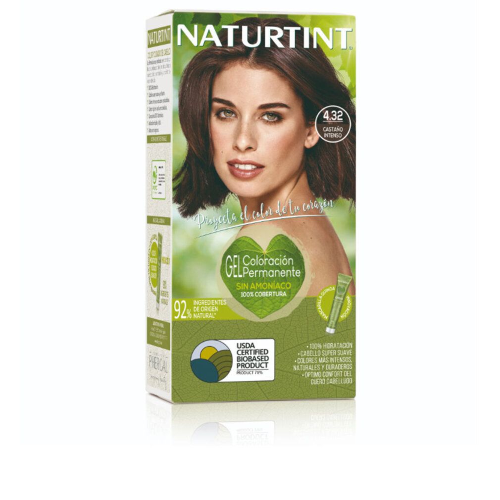 Verpackung von Naturtint 4.32. Aufdruck: 4.32, Kastanienbraun. Frau mit braunen Haaren. Zertifizierung: USDA Certified Biobased Product.