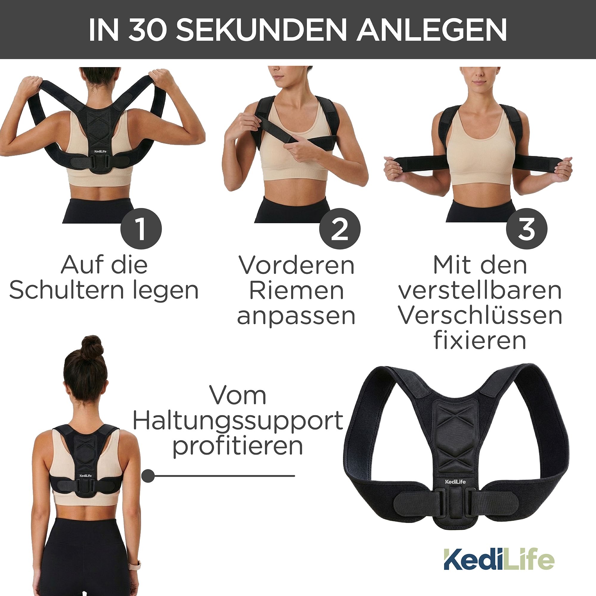 Schwarzer Haltungskorrektor mit Klettverschlüssen und atmungsaktivem Stoff.