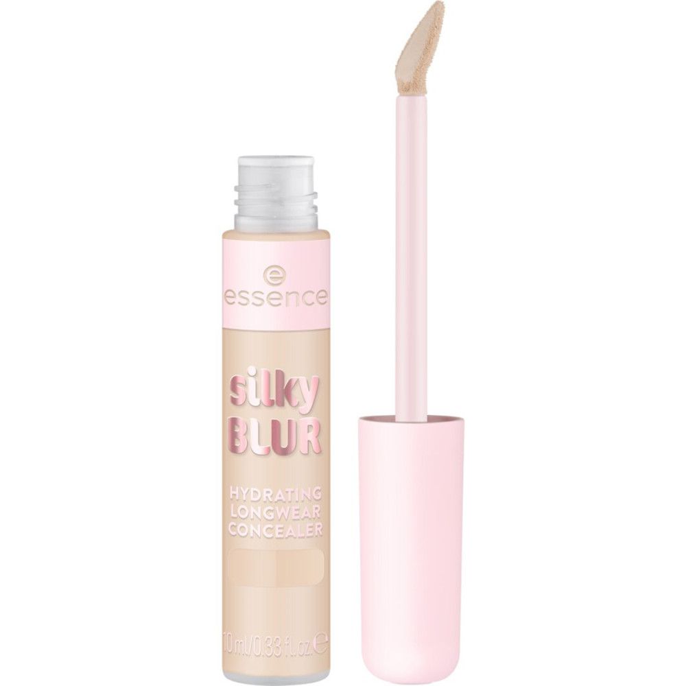Beige Concealer-Tube mit rosa Deckel und Applikator. Aufschrift: Silky Blur Hydrating Longwear Concealer. Marke: Essence.