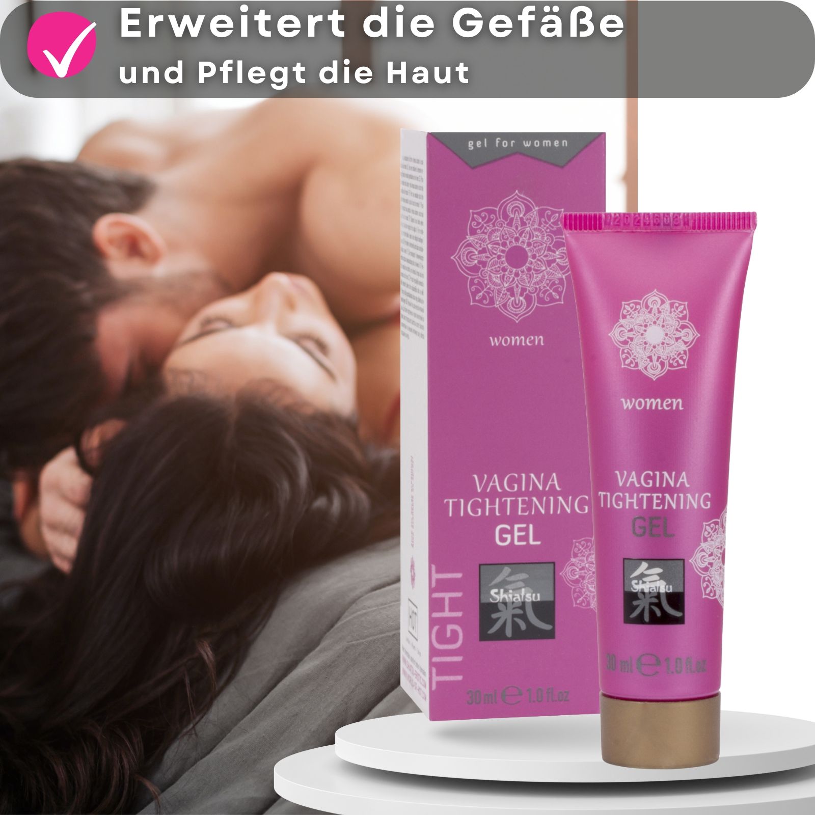 Produkt und Verpackung. Vagina Tightening Gel. Rosa Tube. Text und Logo. Hintergrund: Paar.