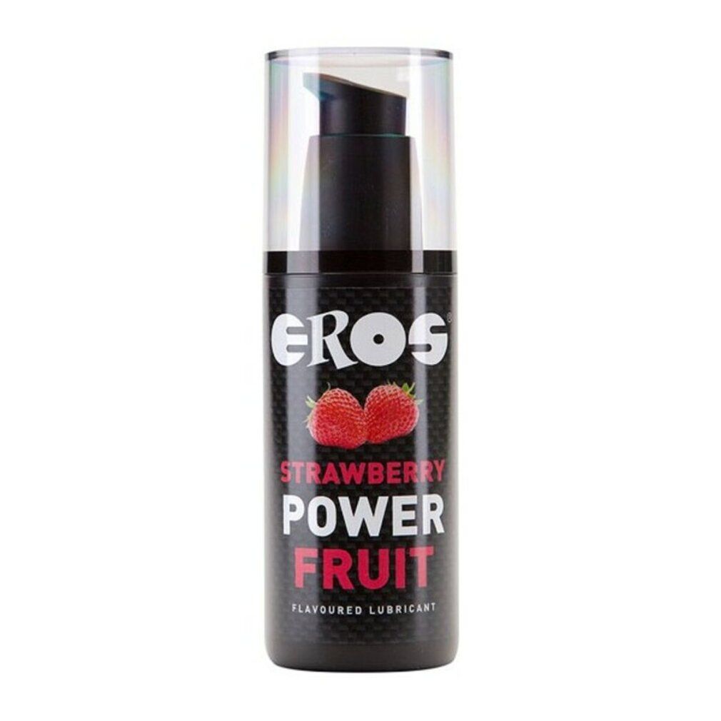 Schwarze Flasche mit Dosierpumpe. Aufschrift: EROS, Erdbeere, Power Fruit. Abbildung von Erdbeeren.