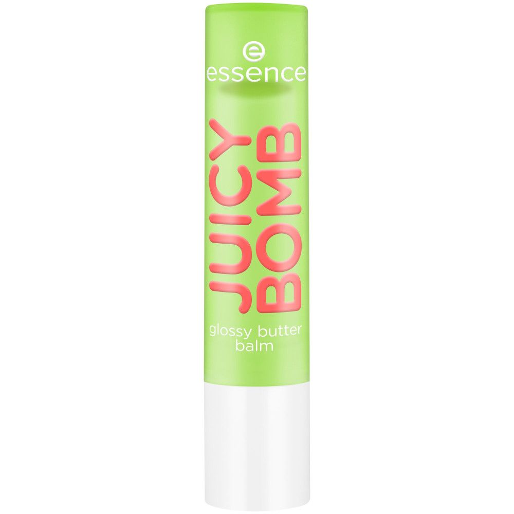 Lippenbalsam, grüner Stift mit weißem Boden. Aufschrift Juicy Bomb, glossy butter balm und Essence.