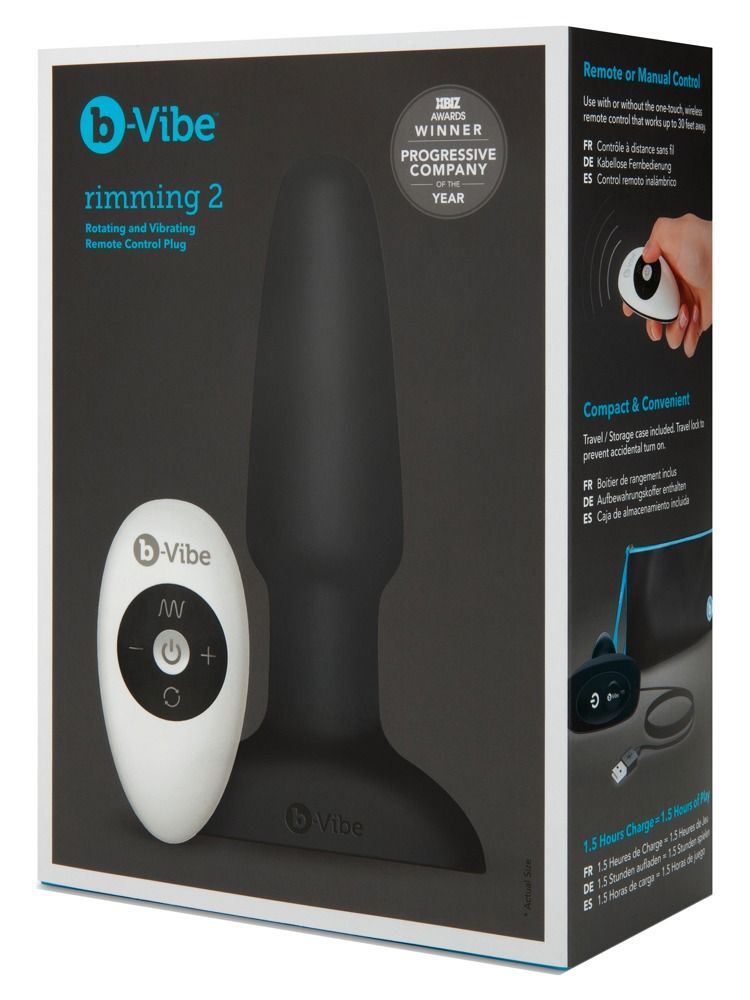 b-Vibe Rim Plug 2 in Verpackung. Schwarzer Plug und Fernbedienung. Produktname und Logo sichtbar. Text auf Box.