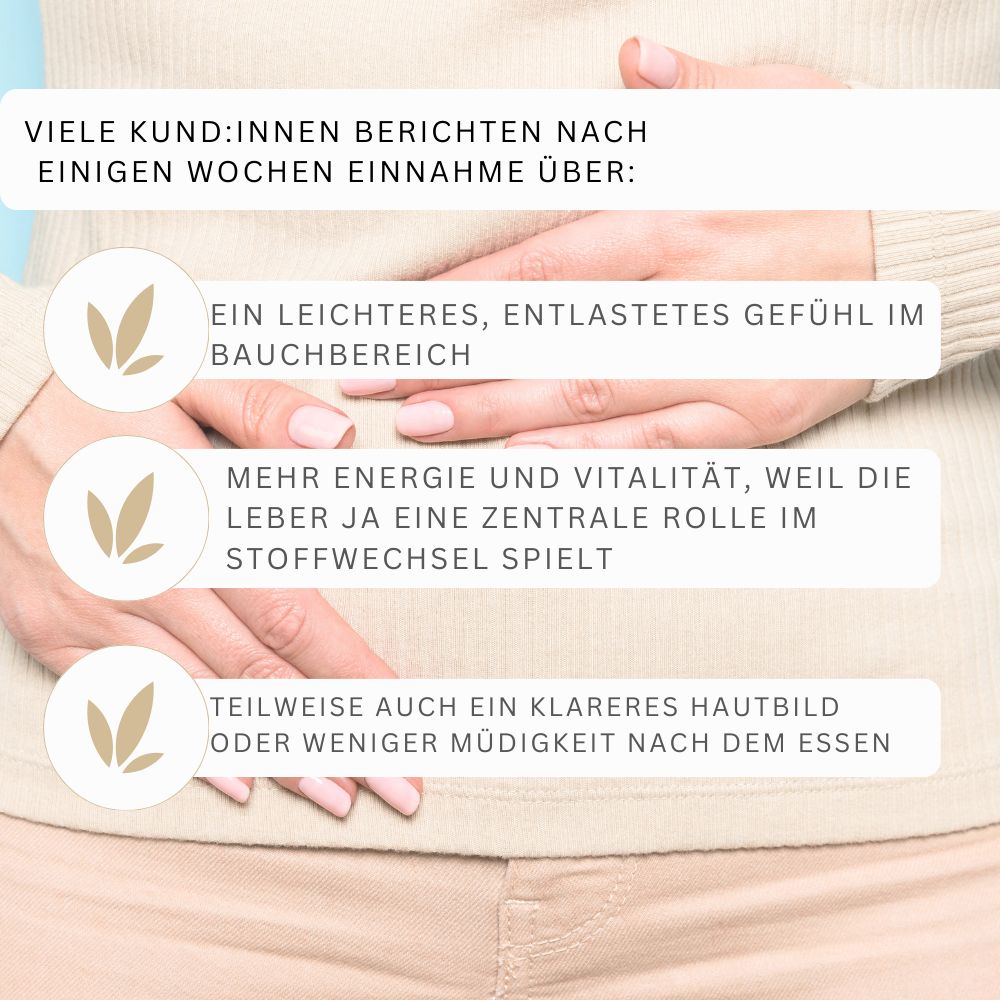 Hände halten Bauch. Text: Leichteres Gefühl, mehr Energie, klareres Hautbild. Viele berichten nach Einnahme.
