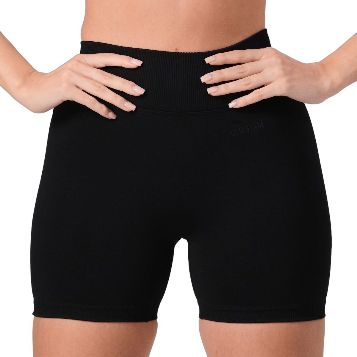 Schwarze Damen-Shorts mit hoher Taille und Gummizug, Frontansicht.