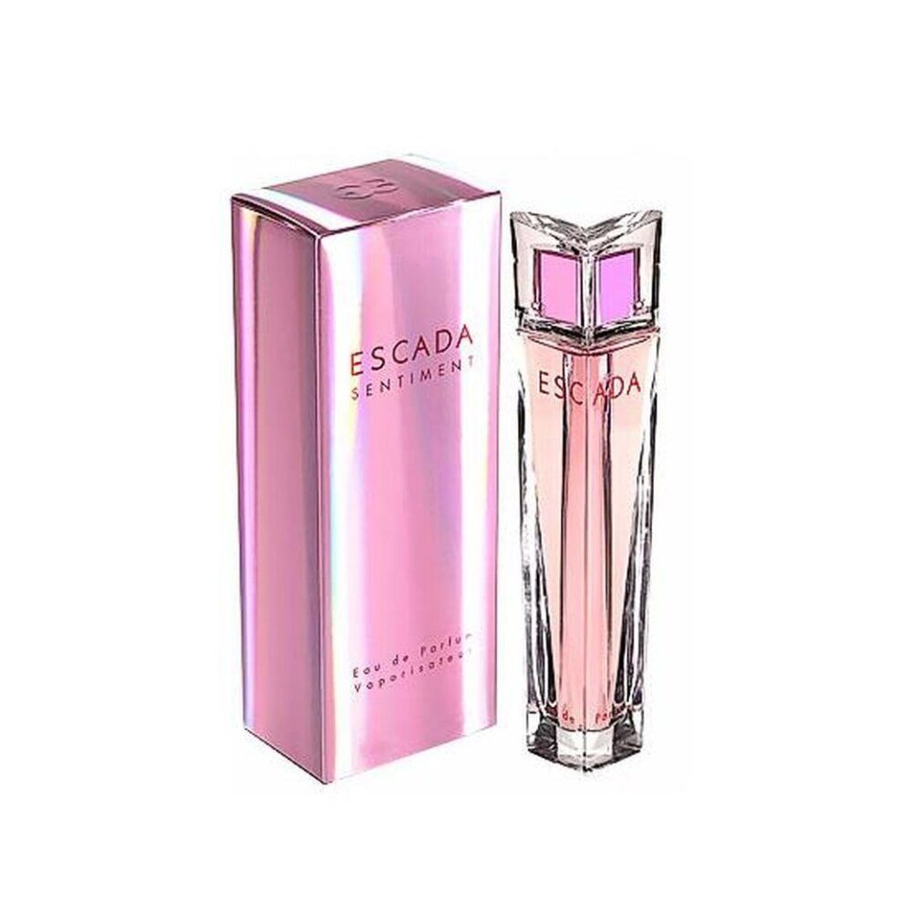 Escada Sentiment EdT Flakon und Verpackung. Rosa Flüssigkeit im Glasflakon. Rosa Verpackung mit Schriftzug.