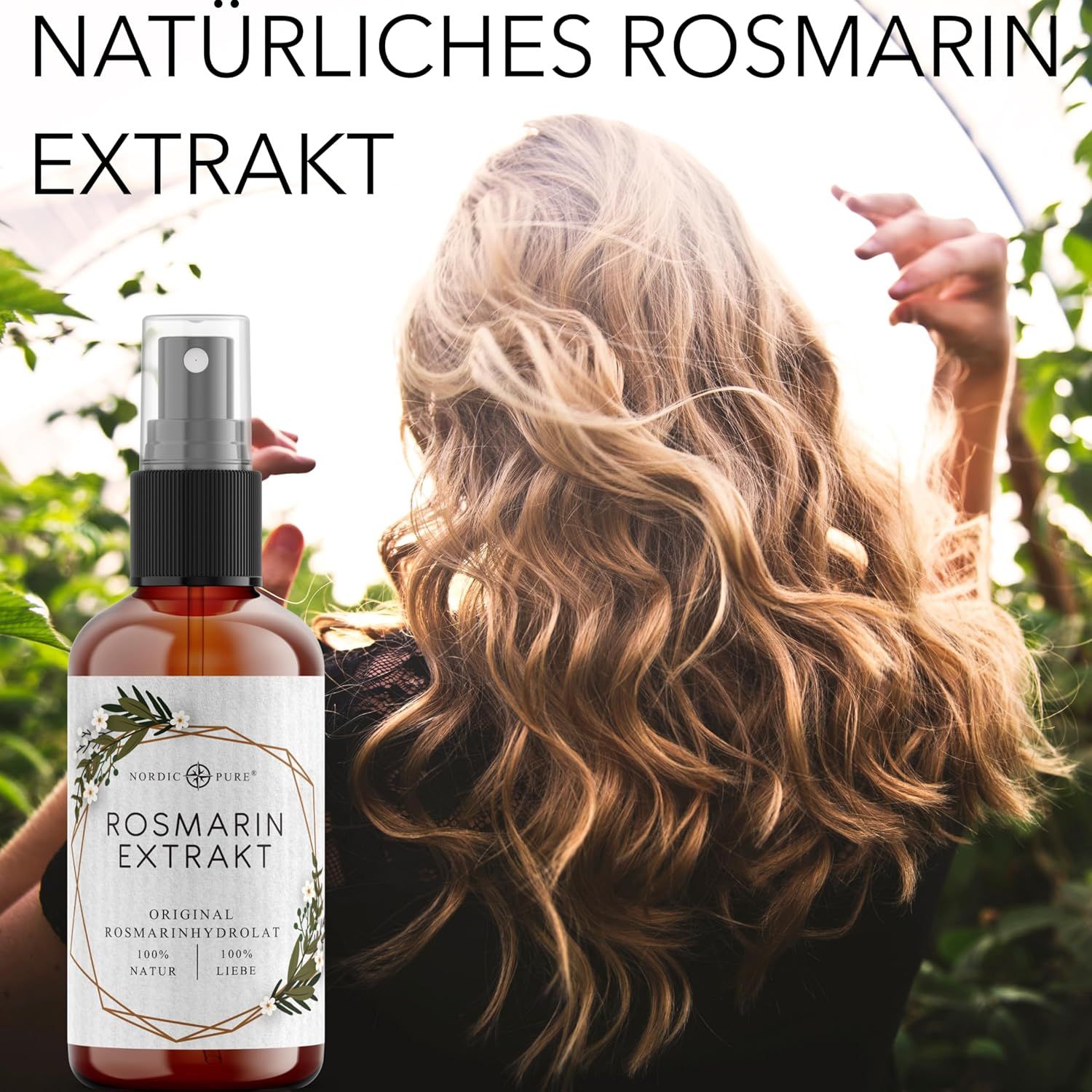 Produkt neben einer Frau mit blonden Haaren. Aufschrift: Natürliches Rosmarin Extrakt. Flasche mit Sprühkopf.