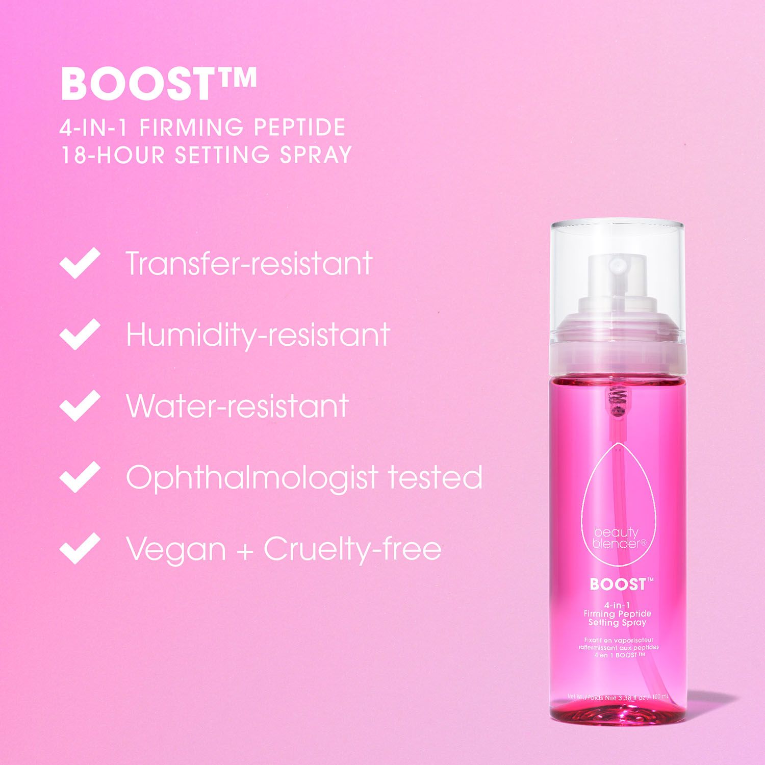 Rosa Flasche mit Sprühkopf. Text: BOOST 4-IN-1 Firming Peptide Setting Spray. Eigenschaften: transferresistent, wasserfest, vegan.