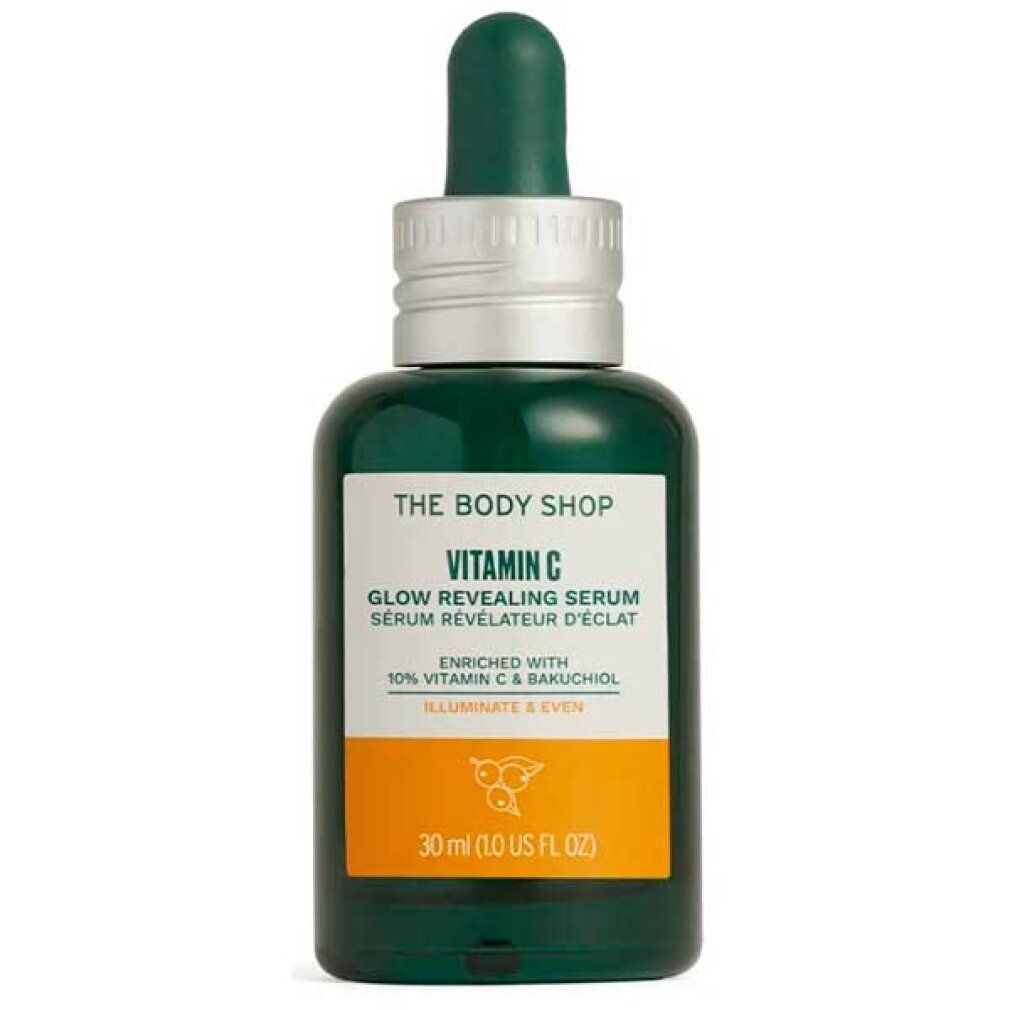 Grüne Glasflasche mit Pipette. Aufkleber mit Text: Vitamin C, Glow Revealing Serum, 30 ml. Marke: The Body Shop.