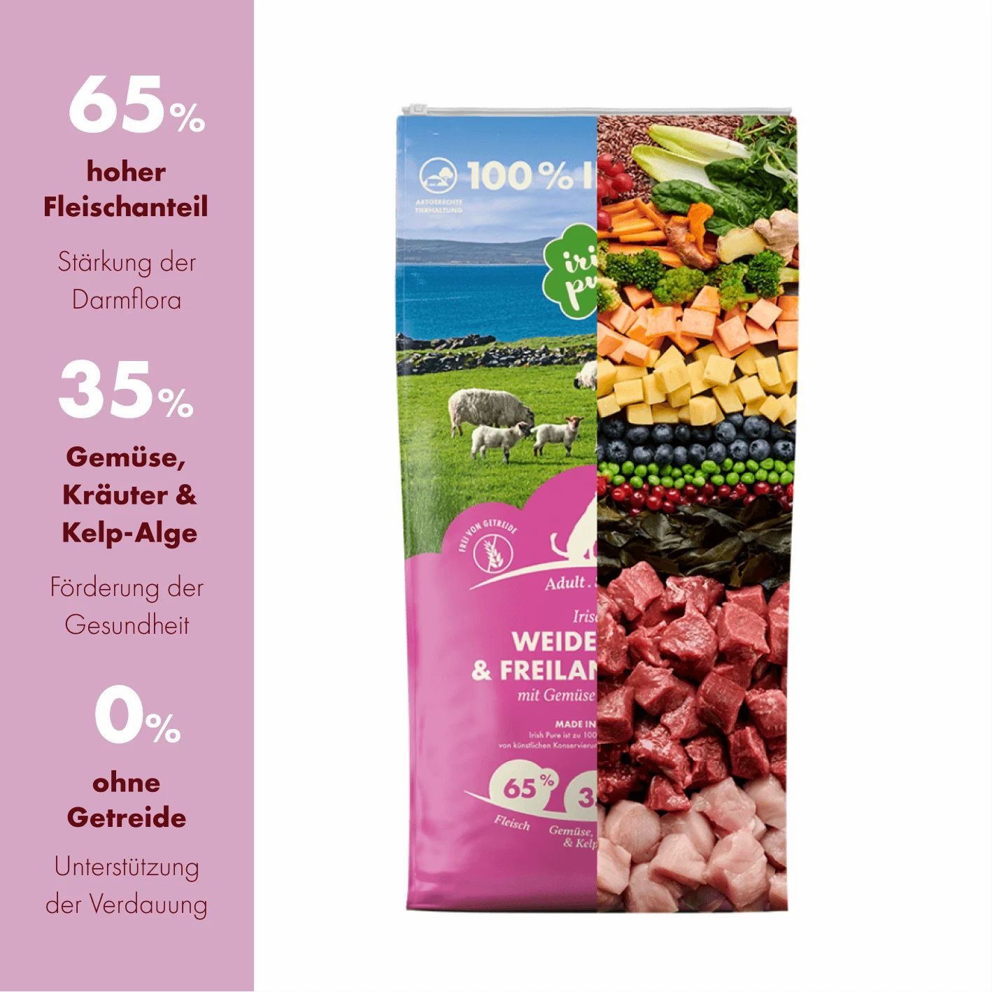 Hundefutter-Beutel mit Lamm und Huhn, 100% Irland, mit Gemüse und Kelp-Alge.