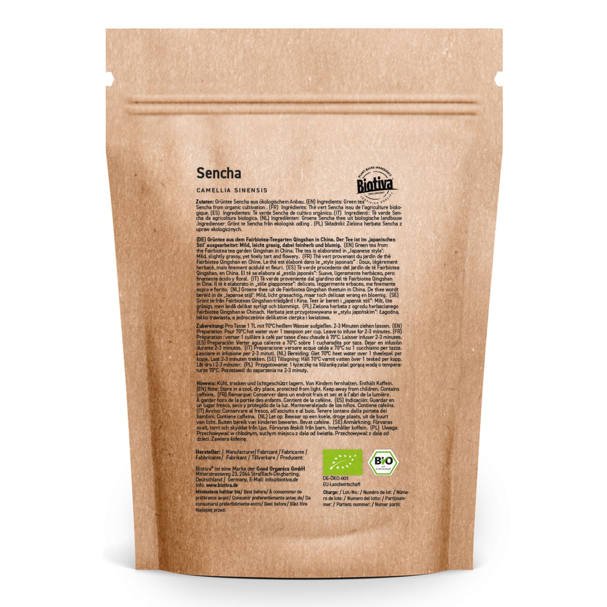 Braune Papiertüte mit Sencha-Tee. Rückseite mit Text und Bio-Siegel. Marke Biotiva.