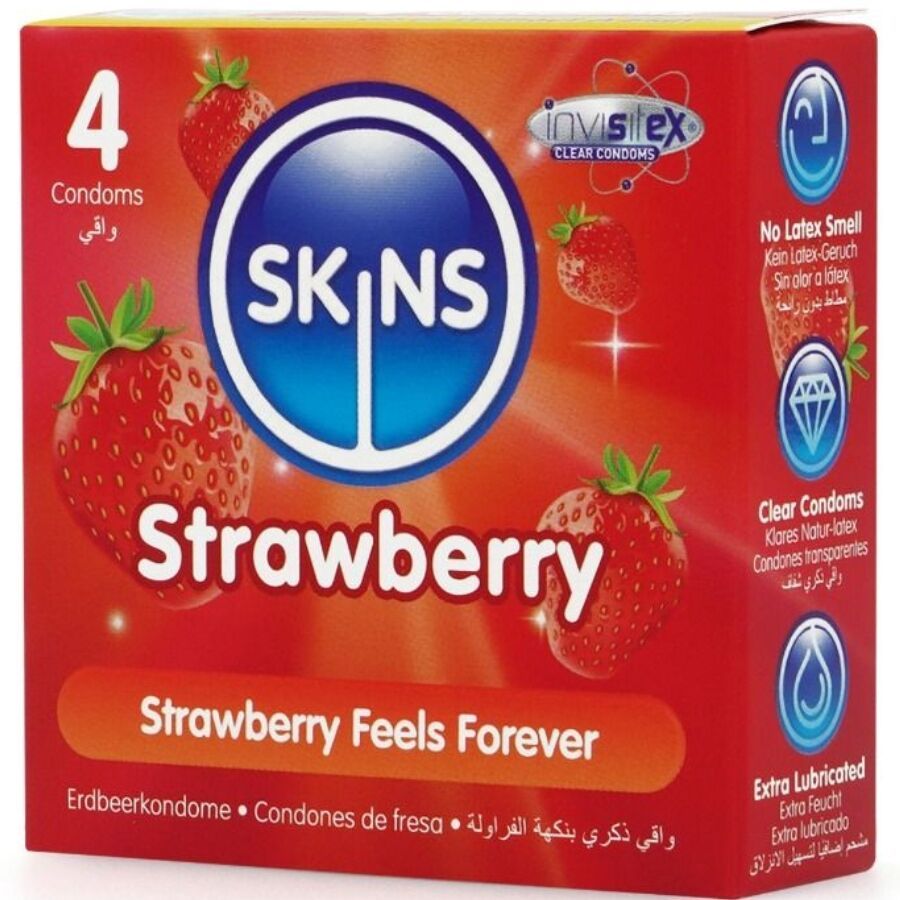 Verpackung mit 4 Kondomen. Marke SKINS, Sorte Strawberry. Erdbeeren-Illustrationen. Text: Strawberry Feels Forever.