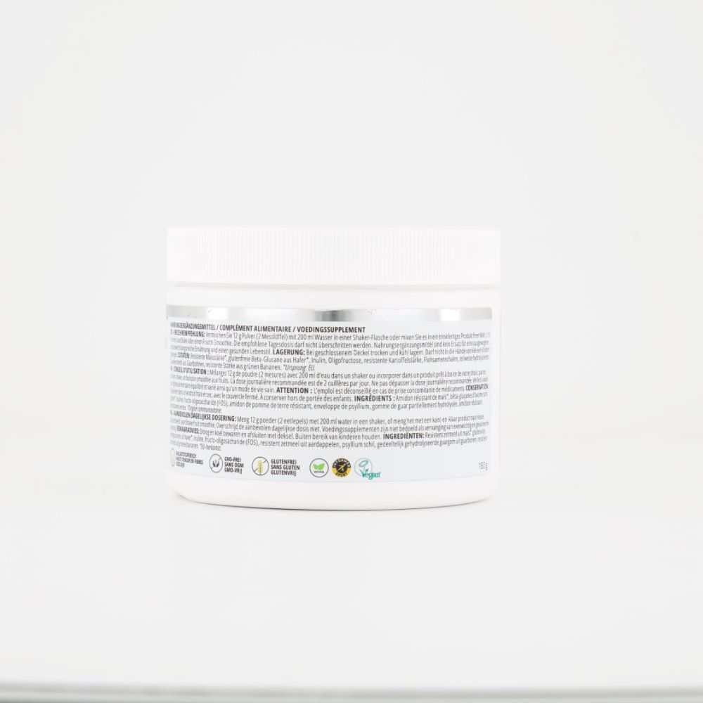 Seitenansicht des weißen ZinoBiotic+ Behälters. Text mit Nährwertangaben, Inhaltsstoffen und Zertifizierungen.
