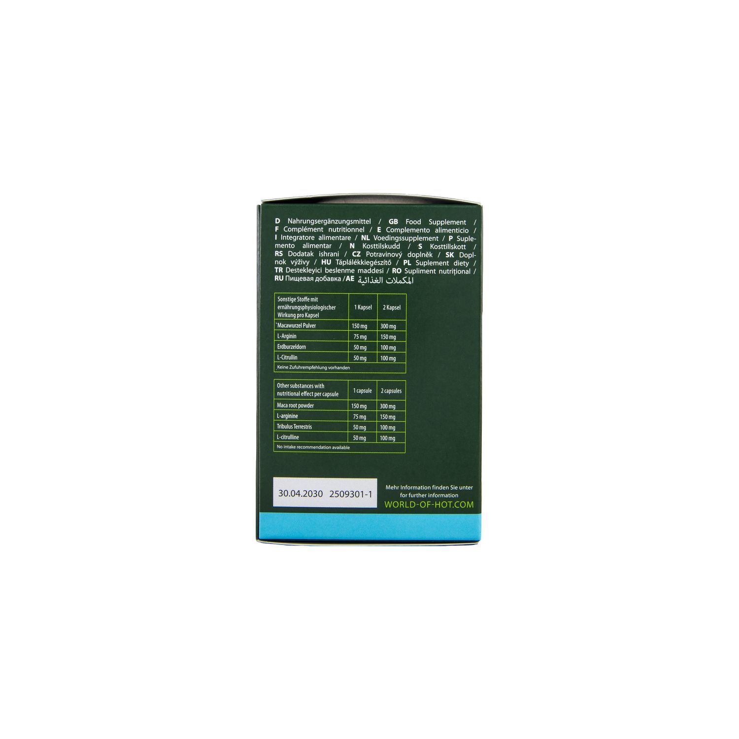 Rückseite der MORINGA + MACA-Verpackung. Enthält Nährwertangaben und Inhaltsstoffe. Mehrsprachiger Text.