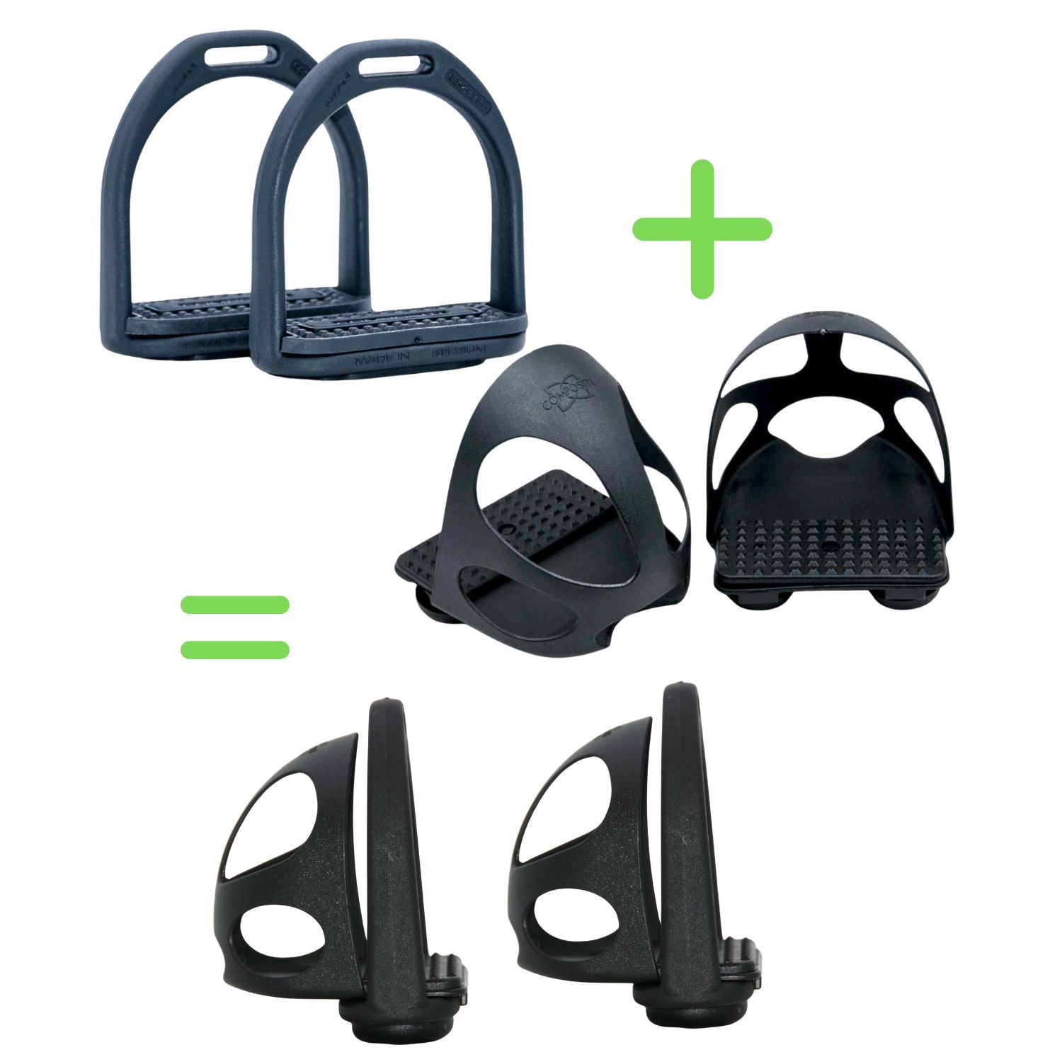 Zwei schwarze Steigbügel und zwei weitere Steigbügel. Plus- und Gleichheitszeichen.