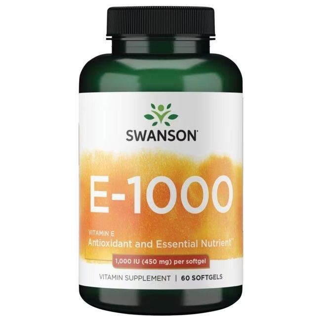 Grüne Flasche mit weißem Etikett. Aufschrift: SWANSON E-1000, Vitamin E, Antioxidans. 60 Softgels.