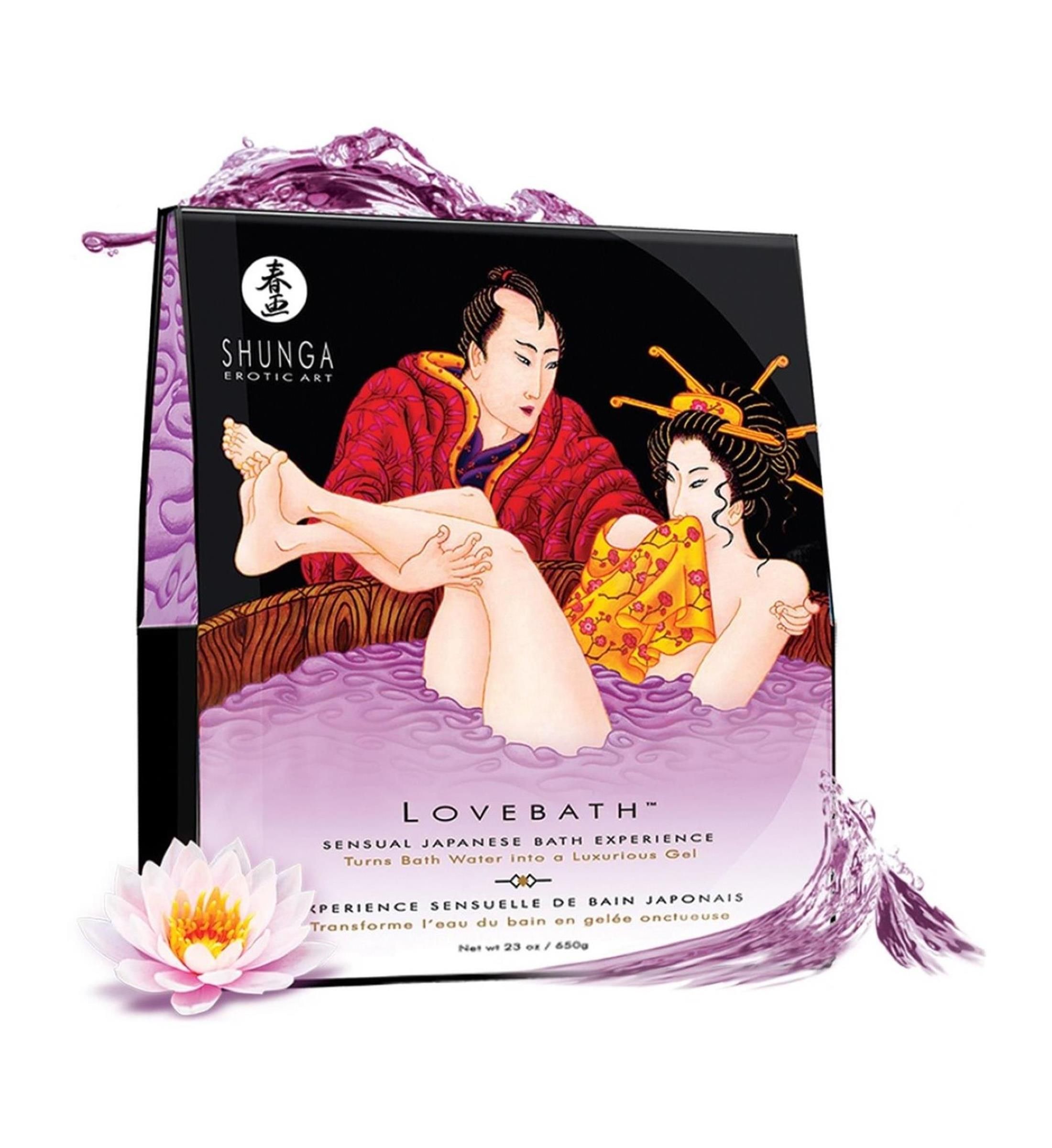 Produktverpackung mit Illustration eines Paares in einem Bad. Text: Lovebath, japanische sinnliche Badeerfahrung. Nettoinhalt: 650 g.