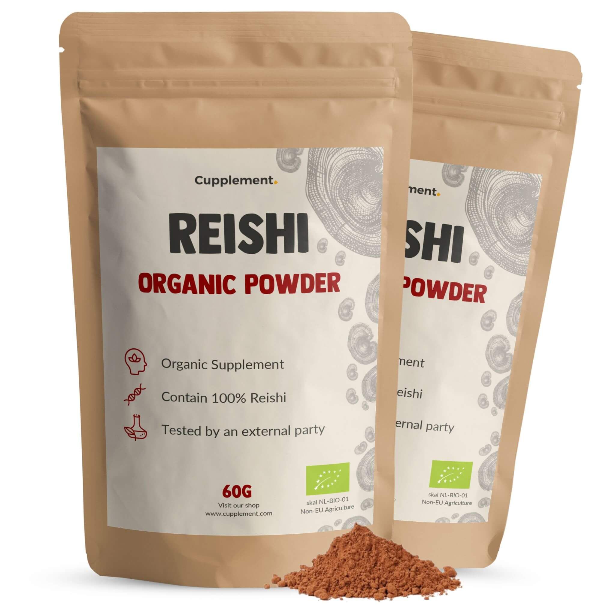 Zwei Beutel Reishi-Pulver. Aufschrift: Reishi Organic Powder, 60g. Mit Bio-Siegel.