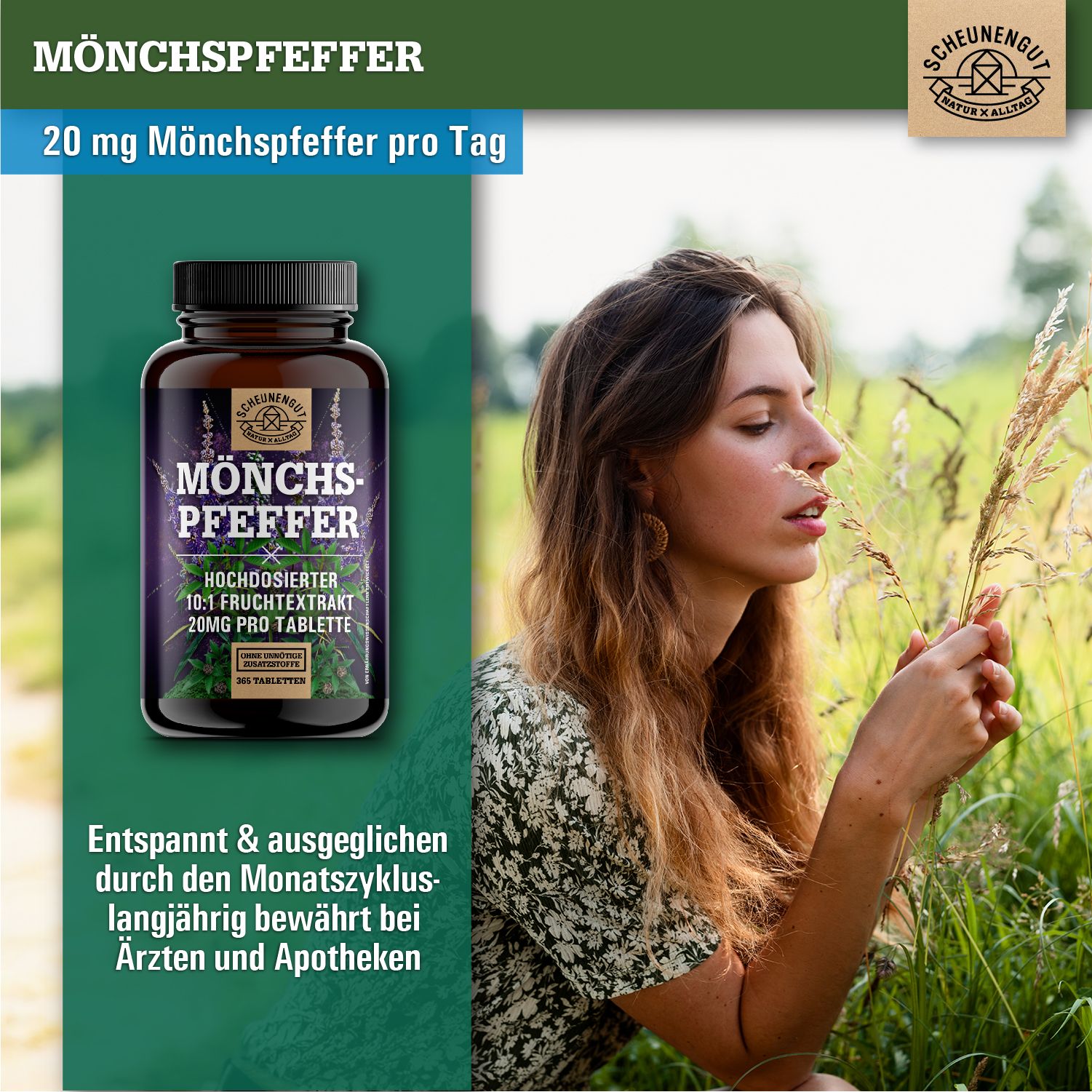 Frau im Feld mit Mönchspfeffer-Flasche, entspannt durch den Zyklus.