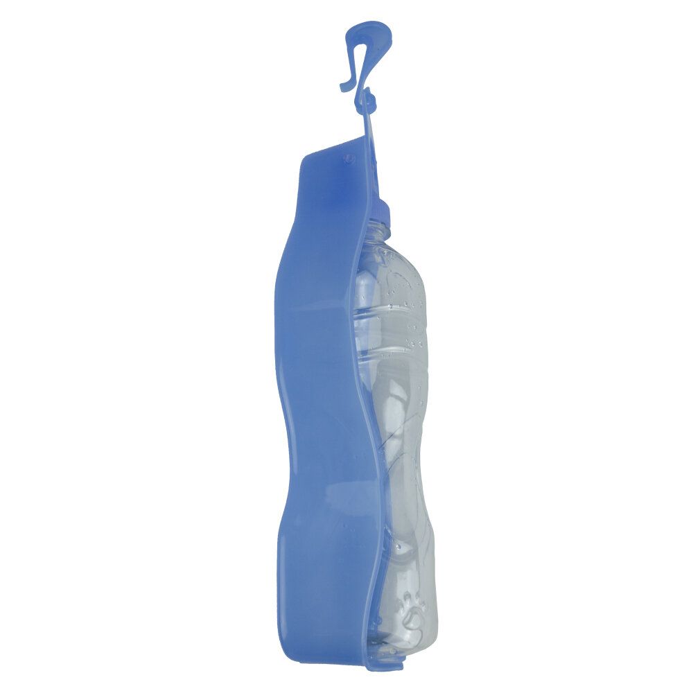 Blaue Hunde-Trinkflasche mit transparentem Behälter. Mit Halterung und Haken zum Aufhängen.