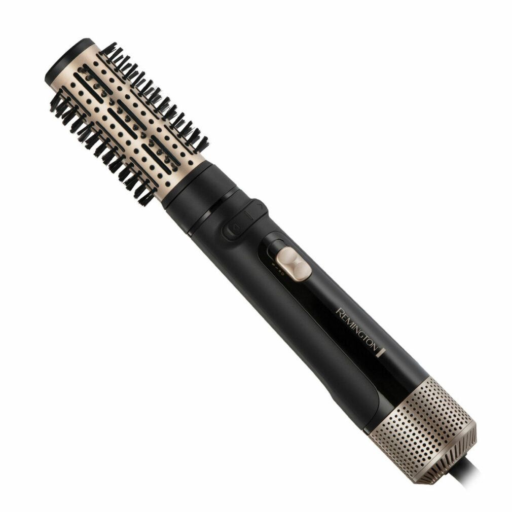 Schwarzer Remington Multi-Warmluftstyler mit goldfarbenen Elementen. Bürstenaufsatz. Auf dem Gerät ist der Markenname zu sehen.
