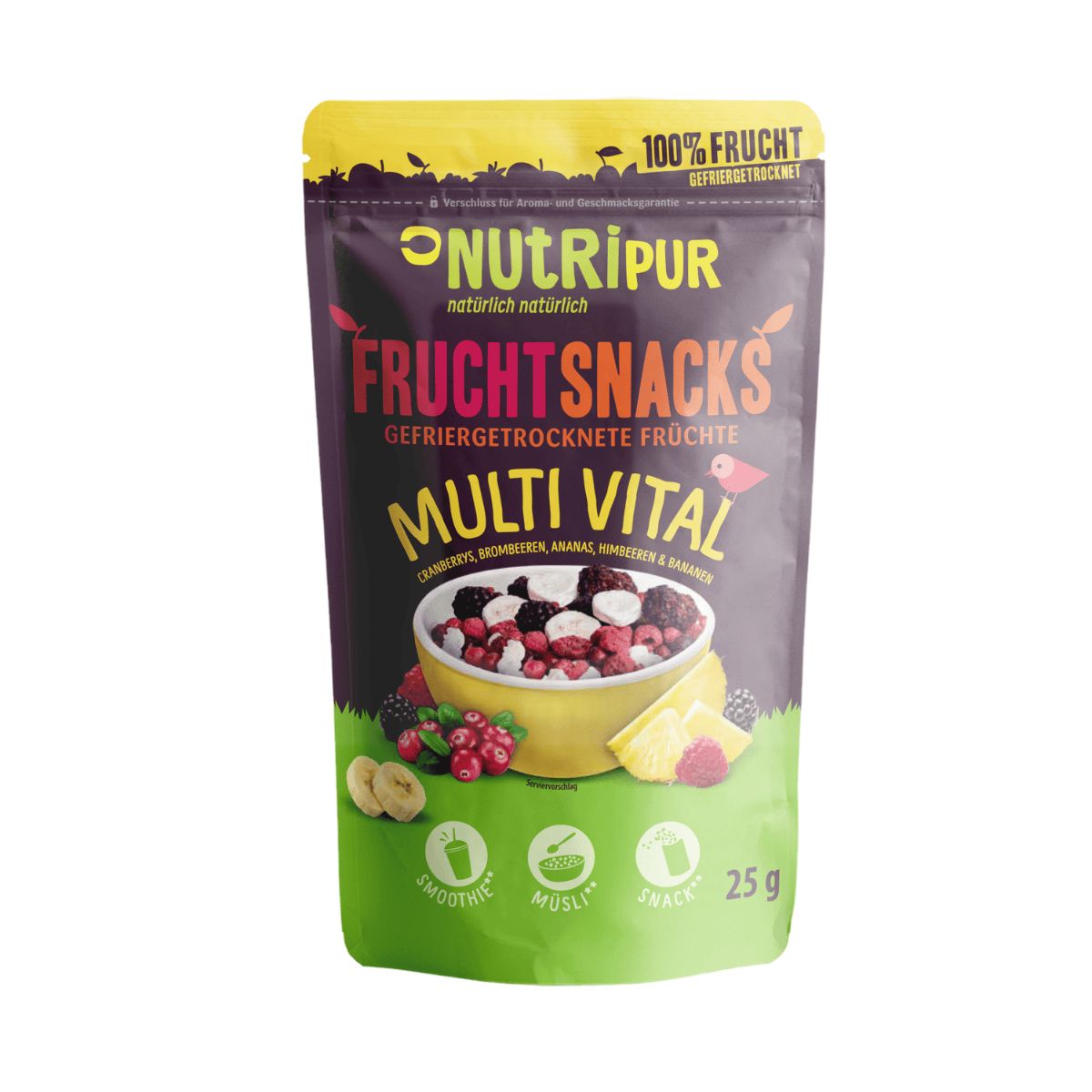 Beutel mit gefriergetrockneten Früchten. Aufschrift: NutriPur, Frucht Snacks, Multi Vital. 25g Packung. Abbildung von Früchten.