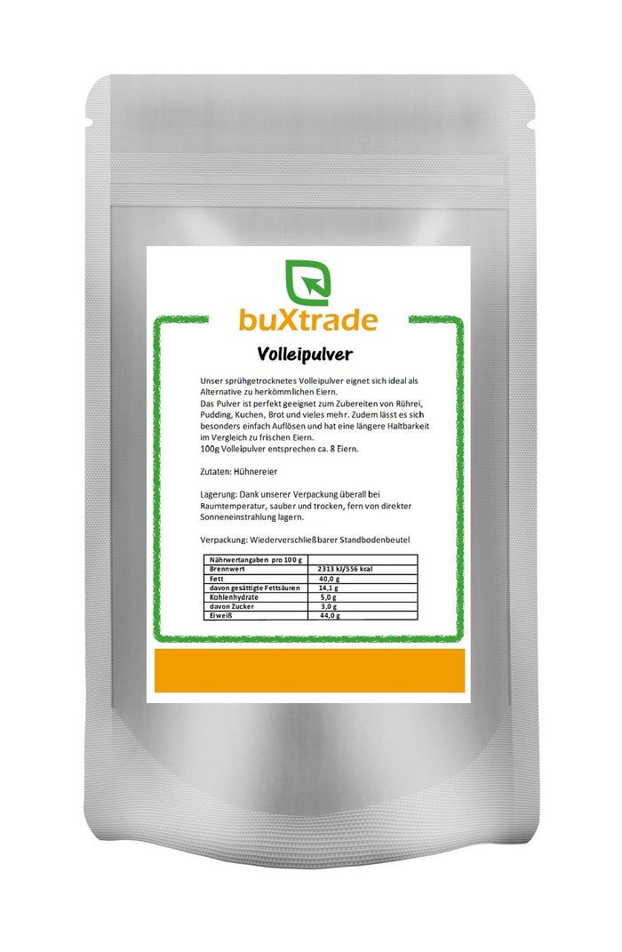 Beutel mit Volleipulver. Aufschrift: buXtrade, Volleipulver. Enthält Nährwertangaben. Wiederverschließbarer Standbodenbeutel.