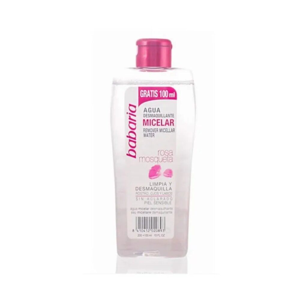 Klare Flasche mit rosa Deckel. Etikett mit Babaria-Logo und Produktbezeichnung. Text: Agua Micelar, Rosa Mosqueta.